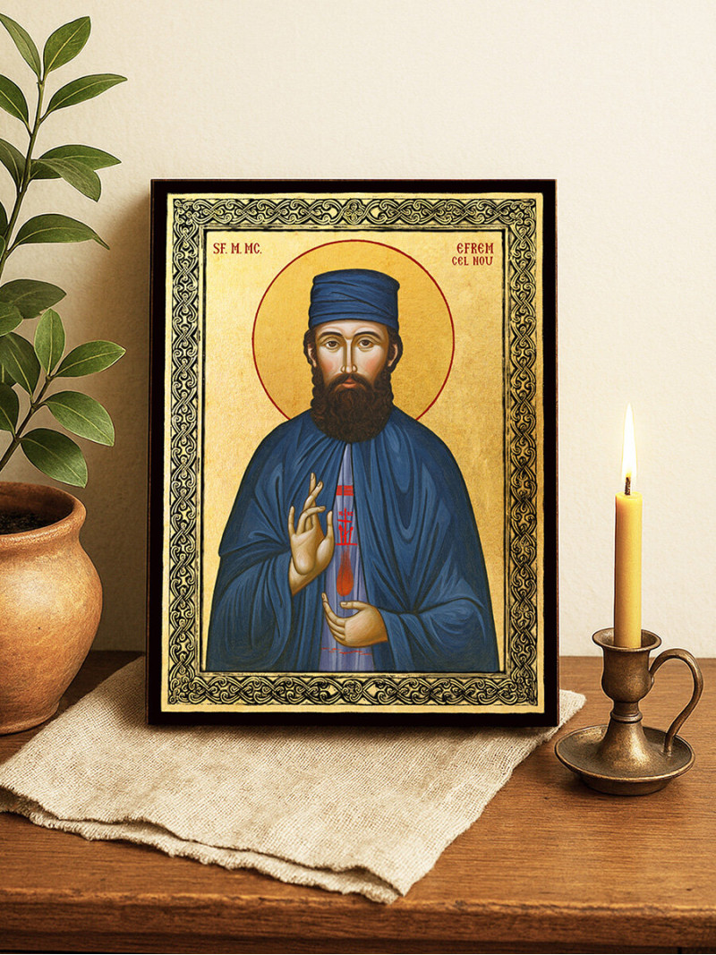 Icoană aurită cu Sfântul Efrem cel Nou și ramă decorativă