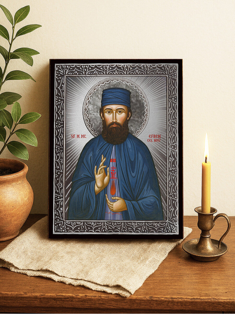 Icoană cu Sfântul Efrem cel Nou cu raze argintii decorative