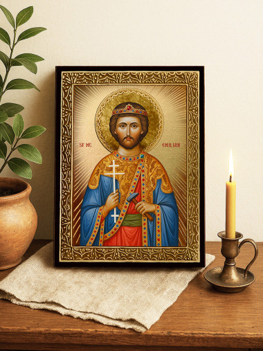 Icoană cu Sfântul Emilian cu raze aurii decorative