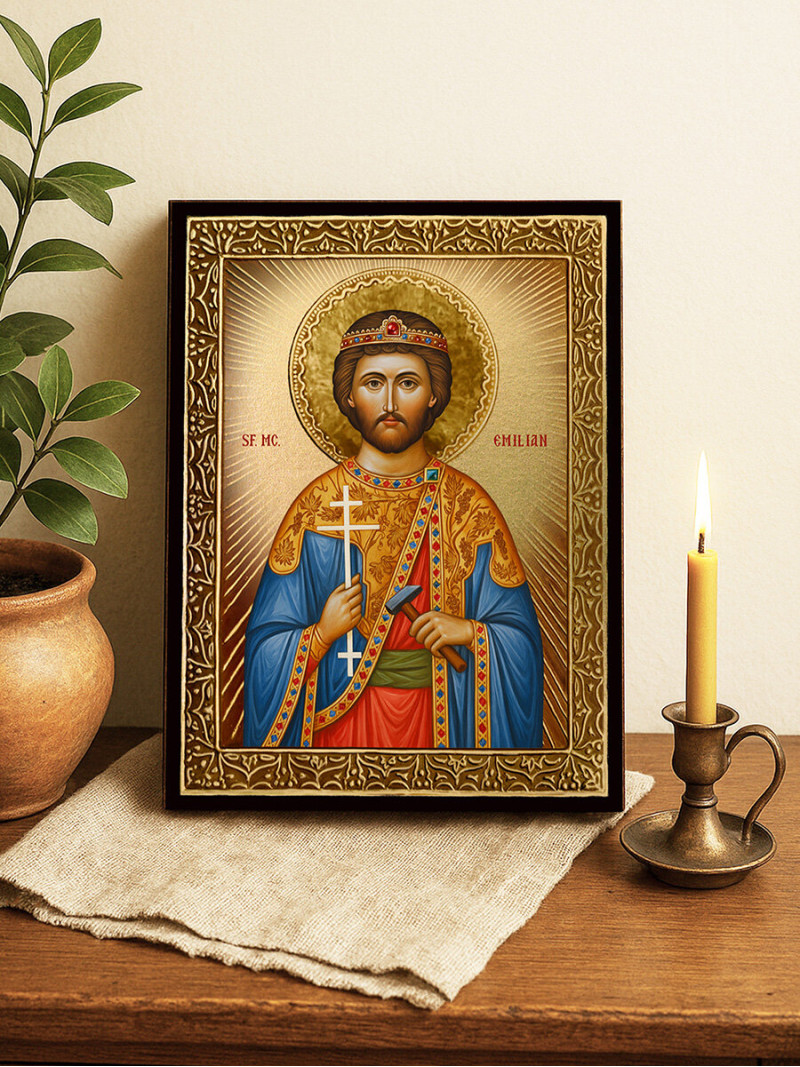 Icoană cu Sfântul Emilian cu raze aurii decorative