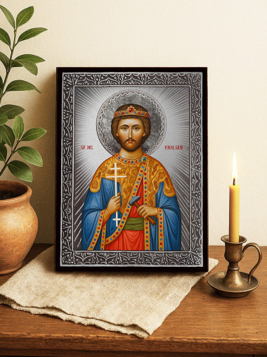 Icoană cu Sfântul Emilian cu raze argintii decorative