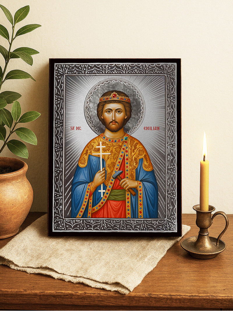 Icoană cu Sfântul Emilian cu raze argintii decorative