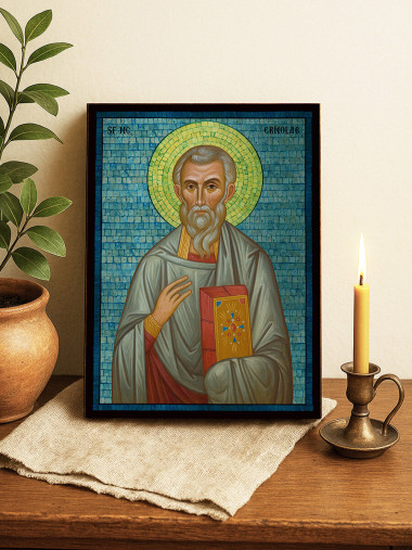 Icoană cu Sfântul Ermolae cu mozaic albastru argintiu