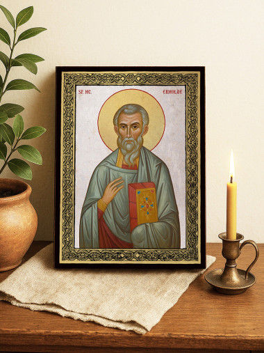 Icoană cu Sfântul Ermolae cu fundal argintiu și ramă aurită