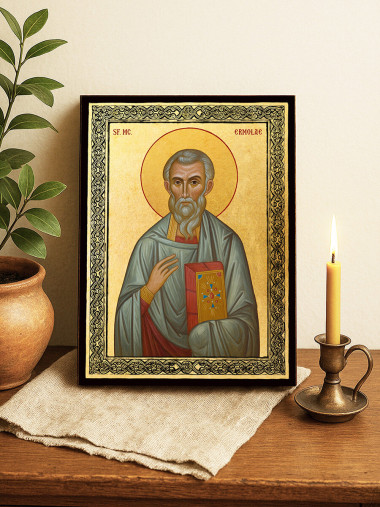 Icoană aurită cu Sfântul Ermolae și ramă decorativă