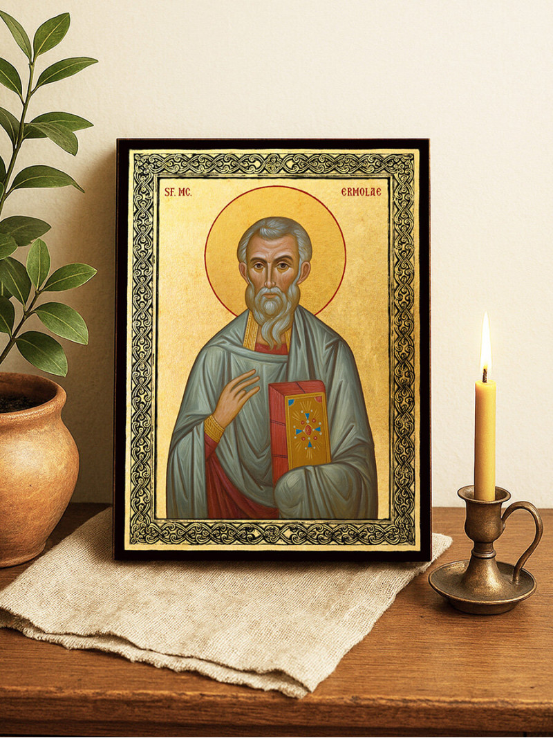 Icoană aurită cu Sfântul Ermolae și ramă decorativă