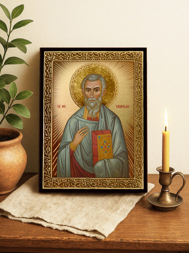 Icoană cu Sfântul Ermolae cu raze aurii decorative
