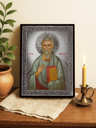 Icoană cu Sfântul Ermolae cu raze argintii decorative