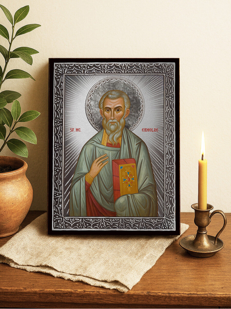 Icoană cu Sfântul Ermolae cu raze argintii decorative