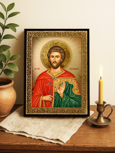 Icoană cu Sfântul Evghenie cu raze aurii decorative