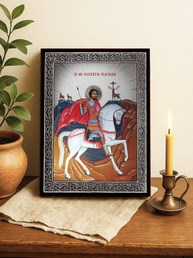 Icoană cu Sfântul Evstatie Plachida cu raze argintii decorative