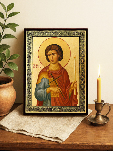 Icoană aurită cu Sfântul Fanurie și ramă decorativă