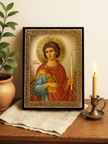 Icoană cu Sfântul Fanurie cu raze aurii decorative