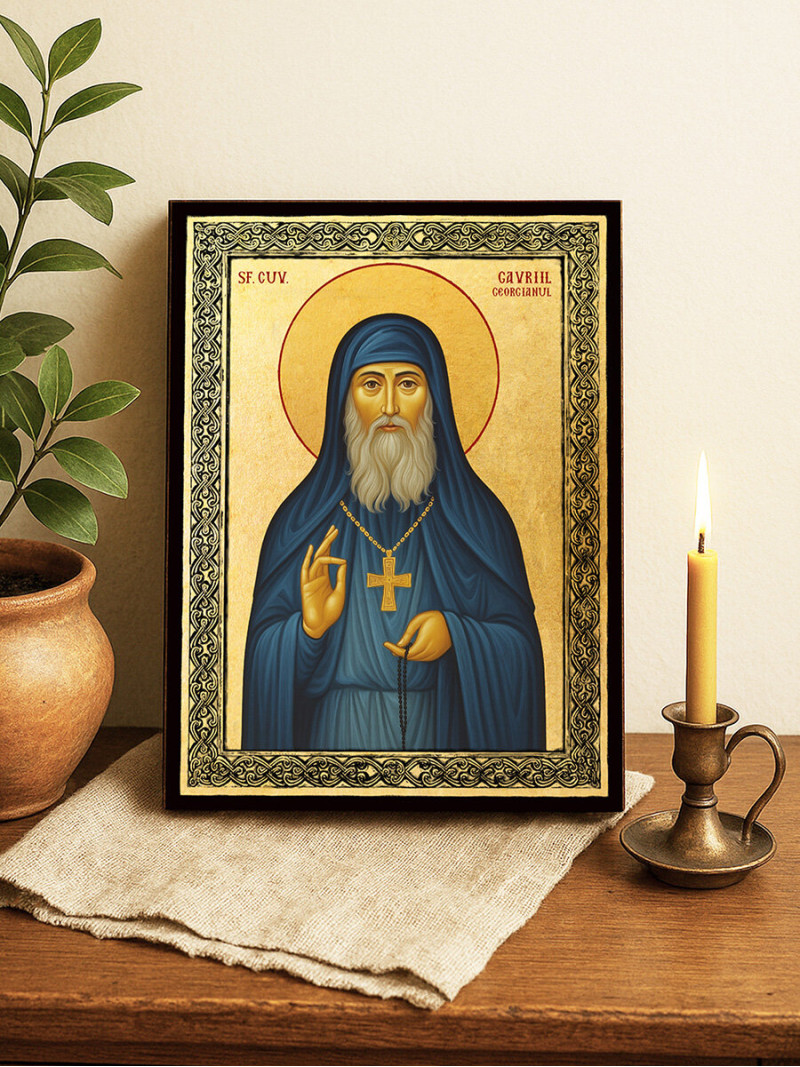 Icoană aurită cu Sfântul Gavriil Atonitul și ramă decorativă
