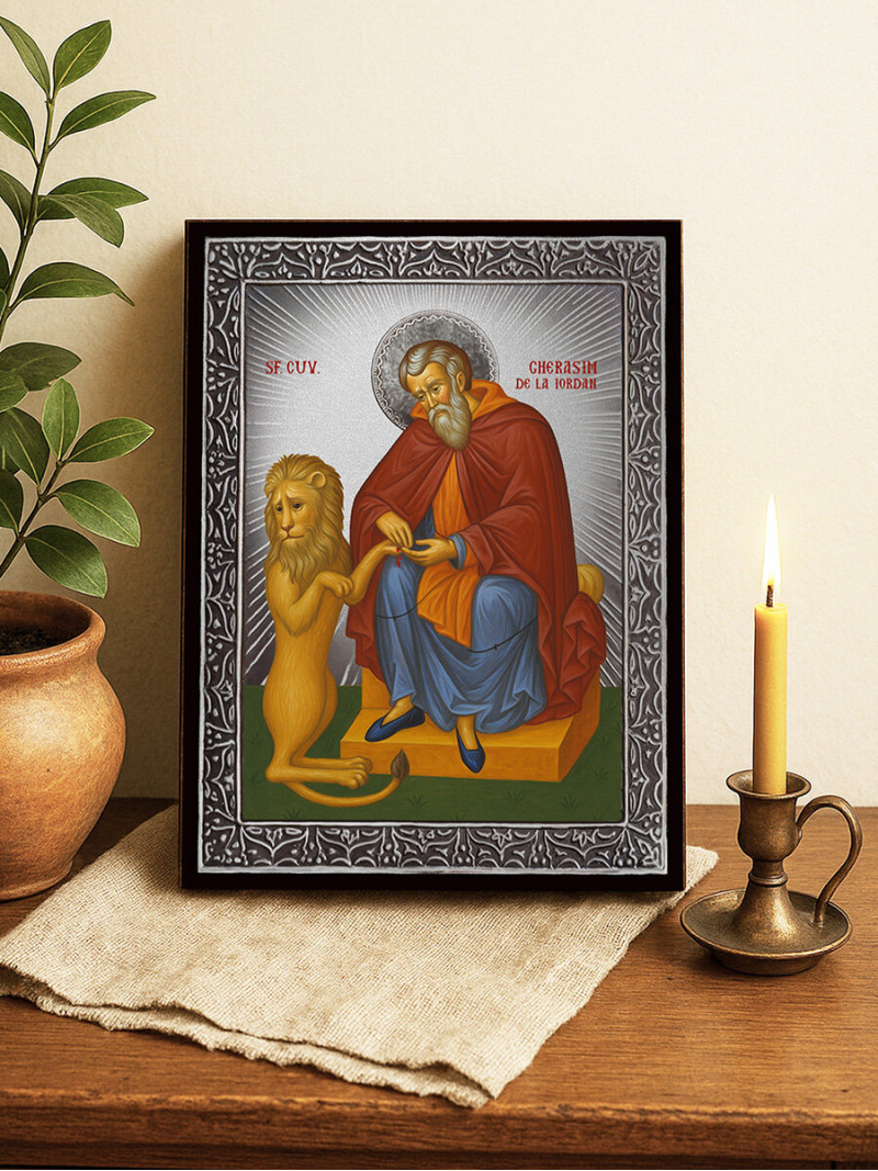 Icoană cu Sfântul Gherasim cu raze argintii decorative