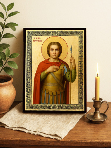 Icoană aurită cu Sfântul Gheorghe și ramă decorativă