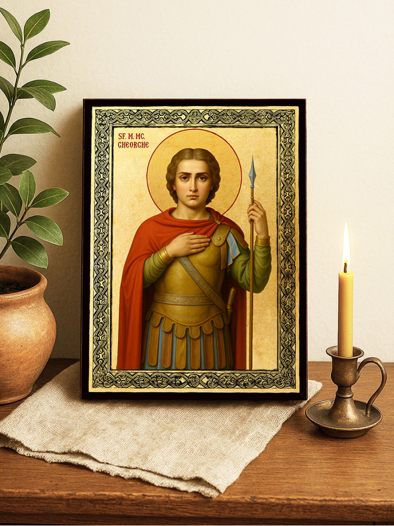 Icoană aurită cu Sfântul Gheorghe și ramă decorativă
