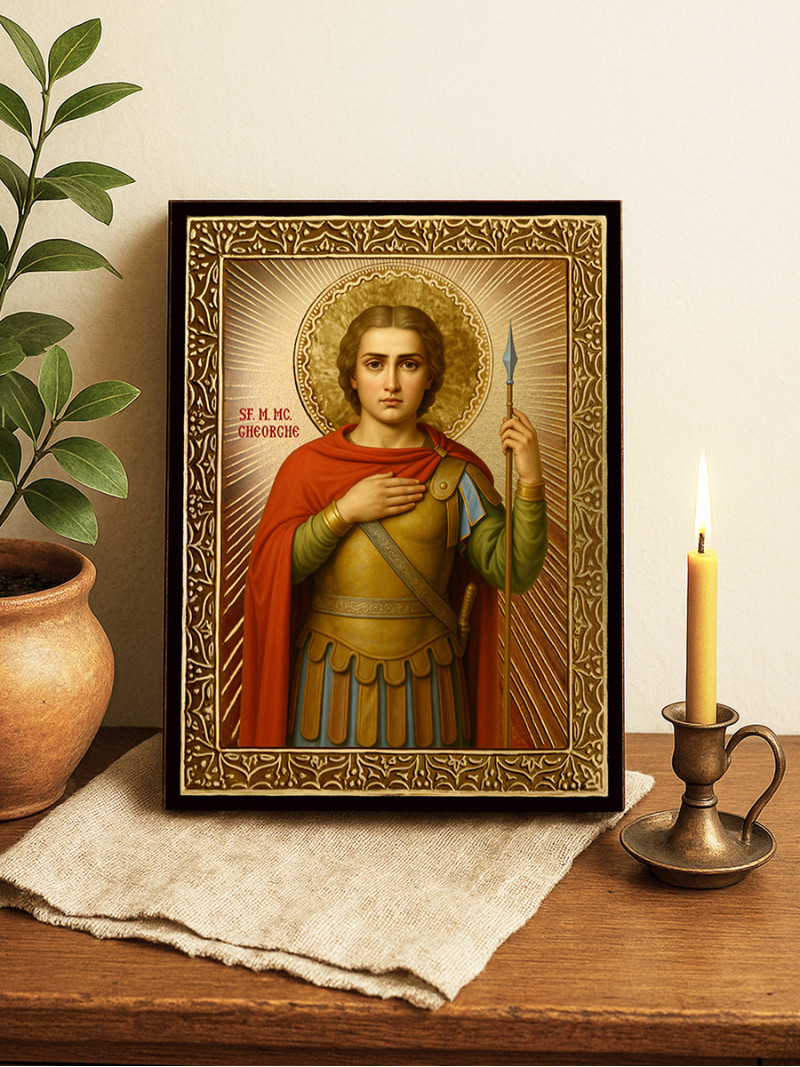 Icoană cu Sfântul Gheorghe cu raze aurii decorative