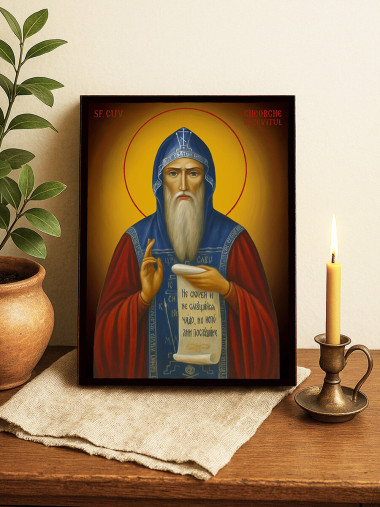 Icoană cu Sfântul Gheorghe Hozevitul cu fundal galben luminos