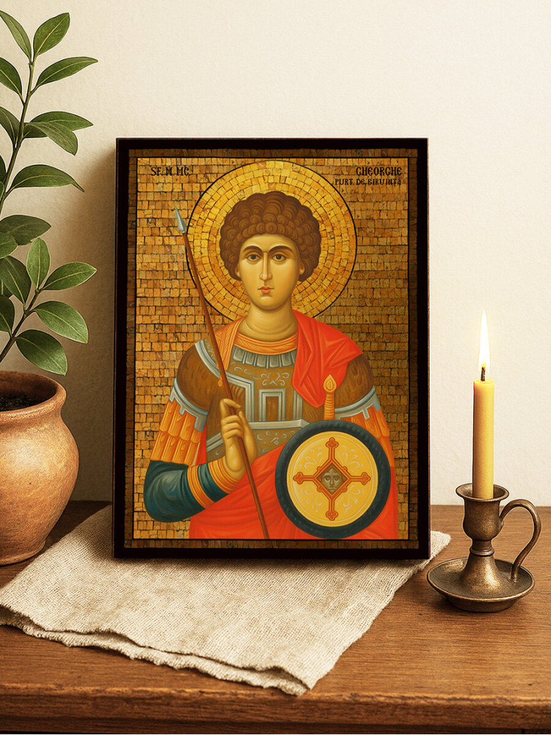 Icoană cu Sfântul Gheorghe Purtătorul de Biruință cu mozaic auriu decorativ