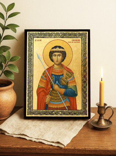 Icoană aurită cu Sfântul Gheorghe Purtătorul de Biruință și ramă decorativă