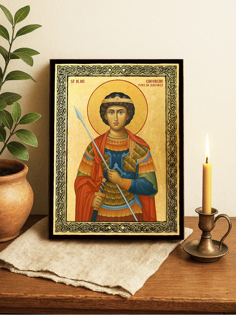 Icoană aurită cu Sfântul Gheorghe Purtătorul de Biruință și ramă decorativă