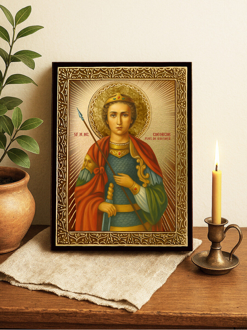 Icoană cu Sfântul Gheorghe Purtătorul de Biruință cu raze aurii decorative