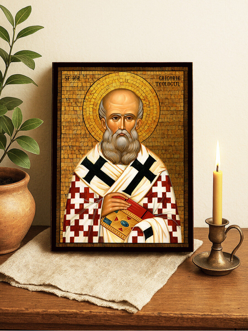 Icoană cu Sfântul Grigorie Teologul cu mozaic auriu decorativ