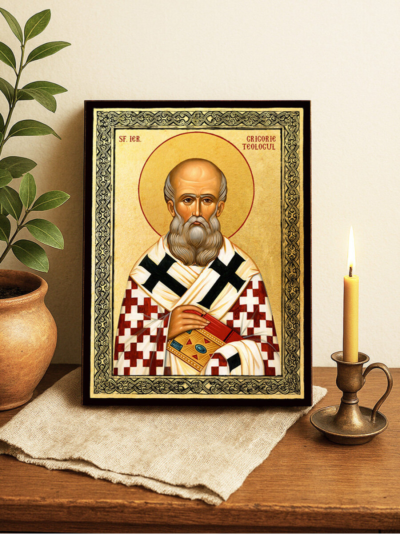 Icoană aurită cu Sfântul Grigorie Teologul și ramă decorativă