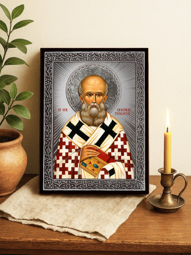Icoană cu Sfântul Grigorie Teologul cu raze argintii decorative