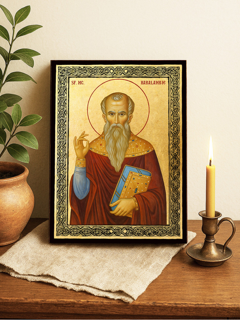 Icoană aurită cu Sfântul Haralambie și ramă decorativă