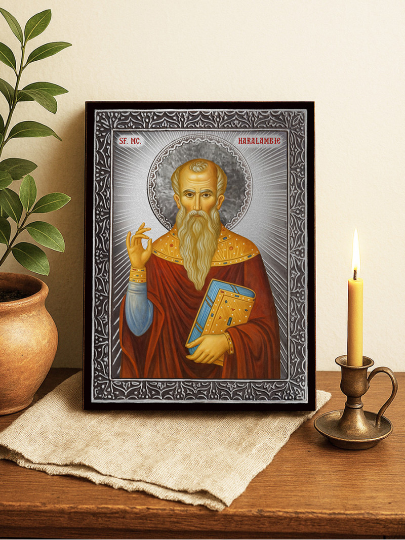 Icoană cu Sfântul Haralambie cu raze argintii decorative