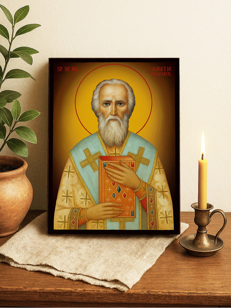 Icoană cu Sfântul Ignatie Purtătorul de Dumnezeu cu fundal galben luminos