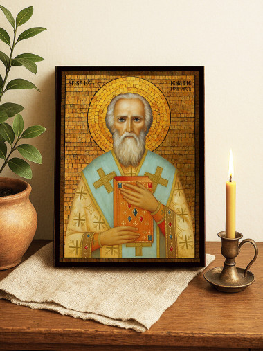 Icoană cu Sfântul Ignatie Purtătorul de Dumnezeu cu mozaic auriu decorativ