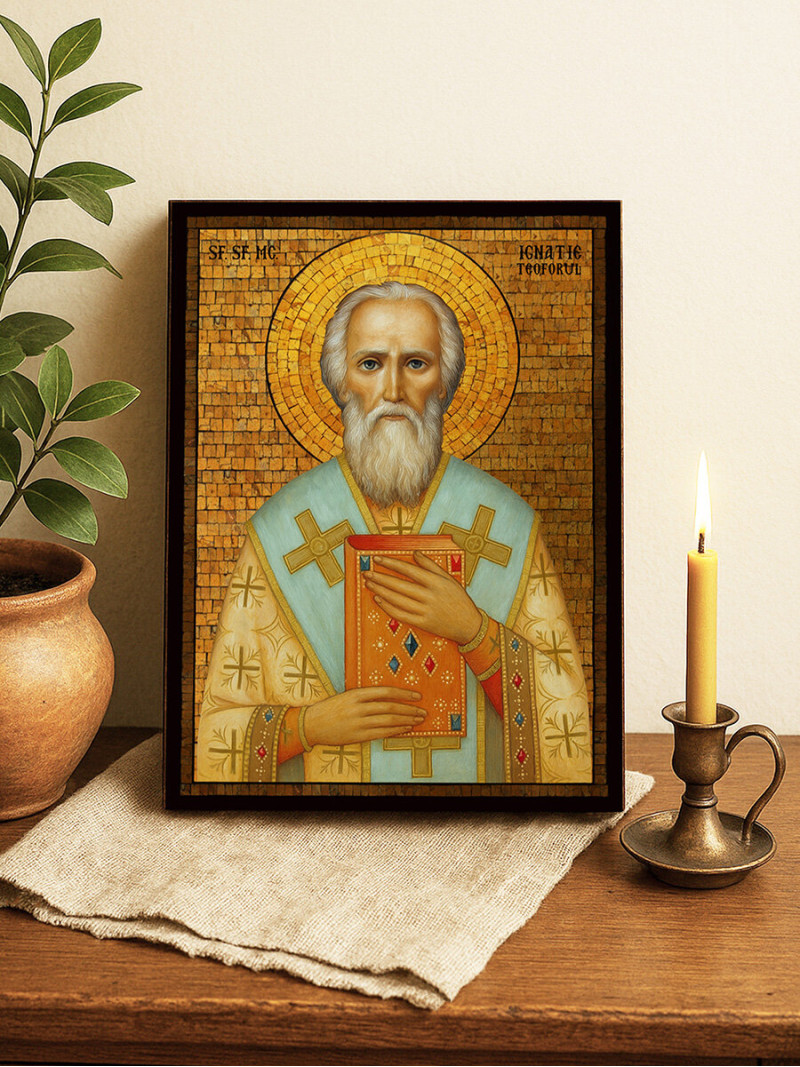 Icoană cu Sfântul Ignatie Purtătorul de Dumnezeu cu mozaic auriu decorativ