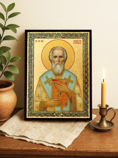 Icoană aurită cu Sfântul Ignatie Purtătorul de Dumnezeu și ramă decorativă