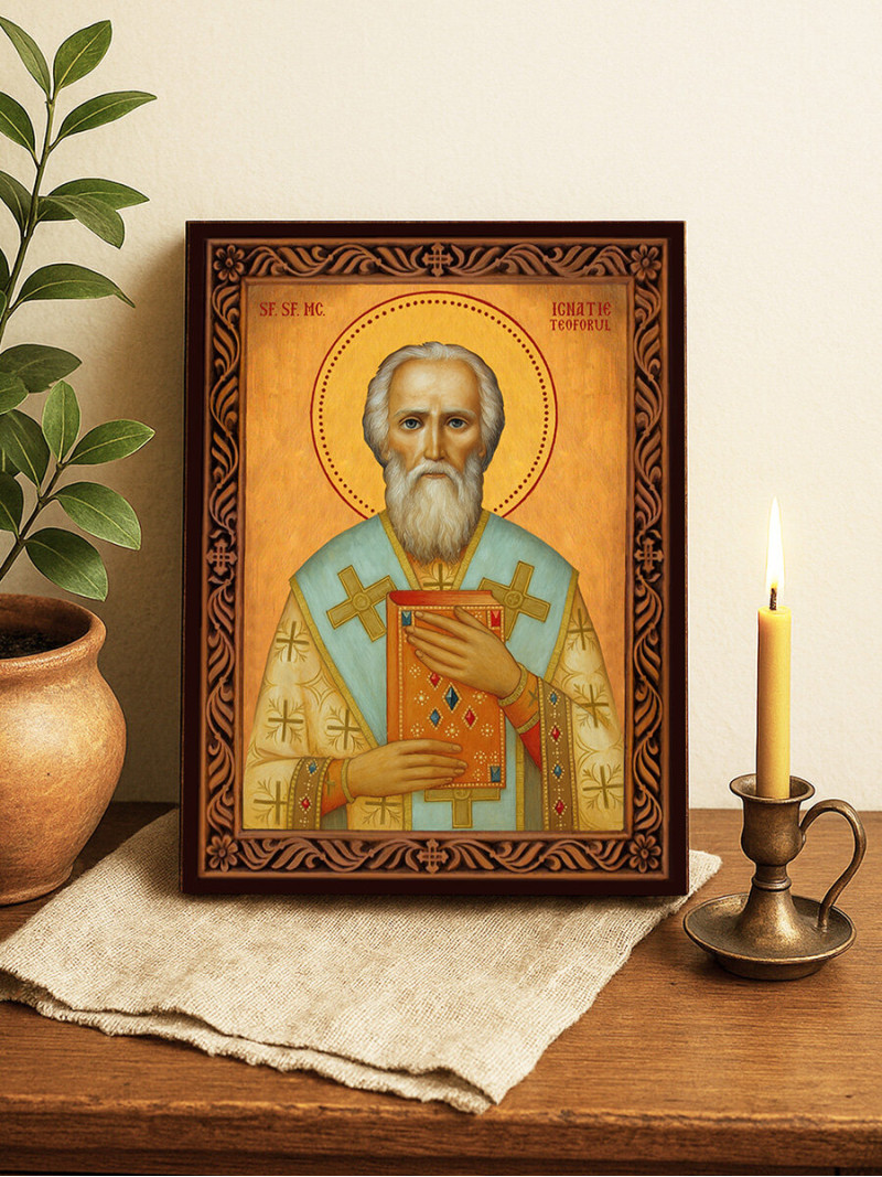 Icoană cu Sfântul Ignatie Purtătorul de Dumnezeu cu ramă decorativă stil sculptat
