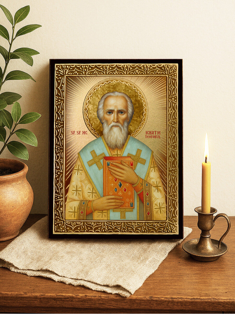 Icoană cu Sfântul Ignatie Purtătorul de Dumnezeu cu raze aurii decorative