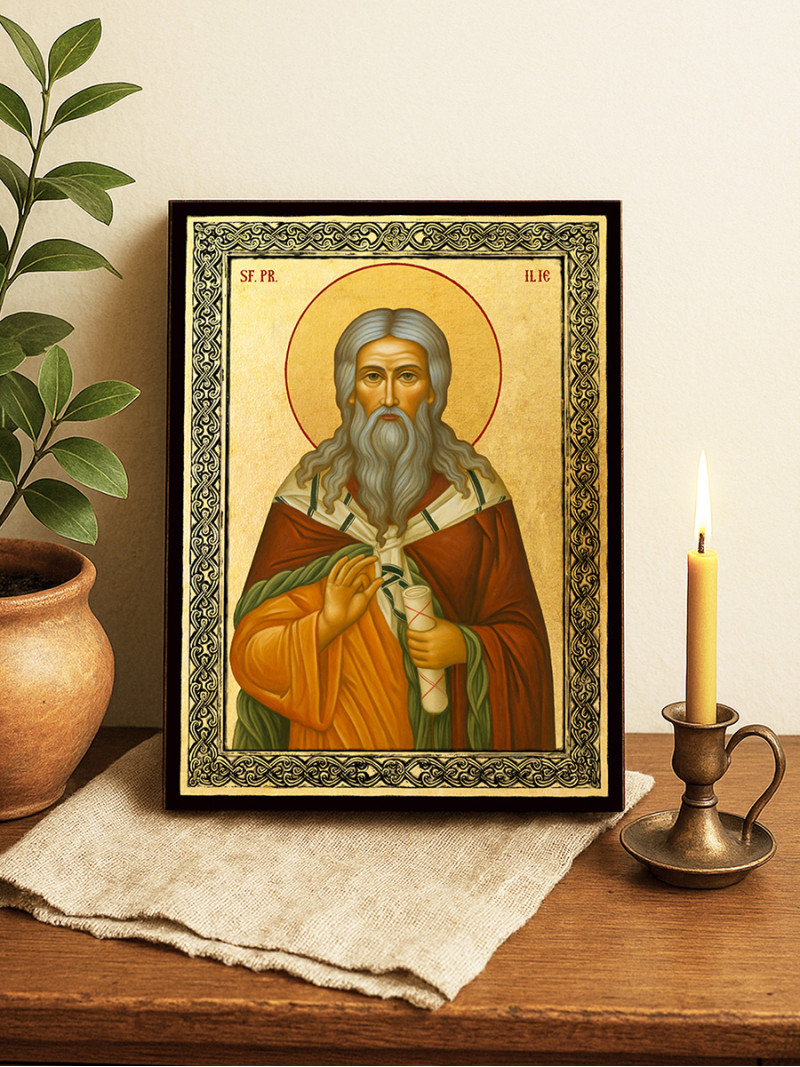 Icoană aurită cu Sfântul Ilie și ramă decorativă