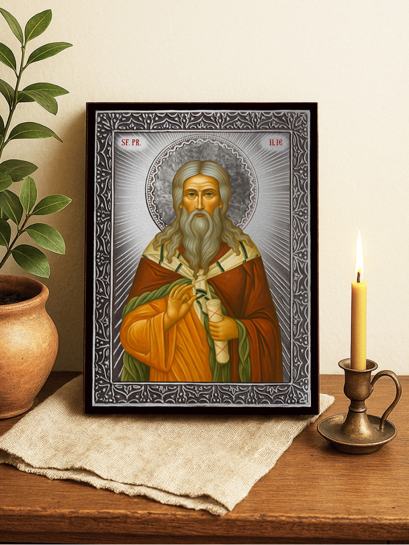Icoană cu Sfântul Ilie cu raze argintii decorative
