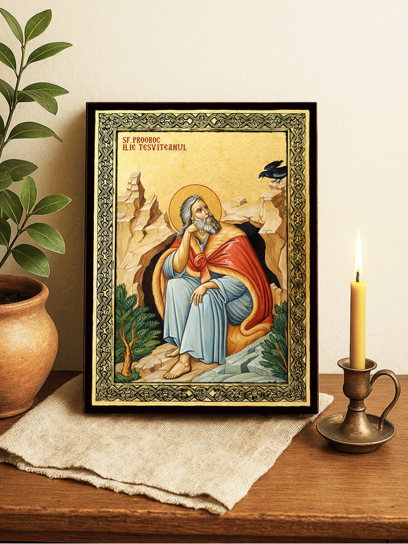 Icoană aurită cu Sfântul Ilie și ramă decorativă