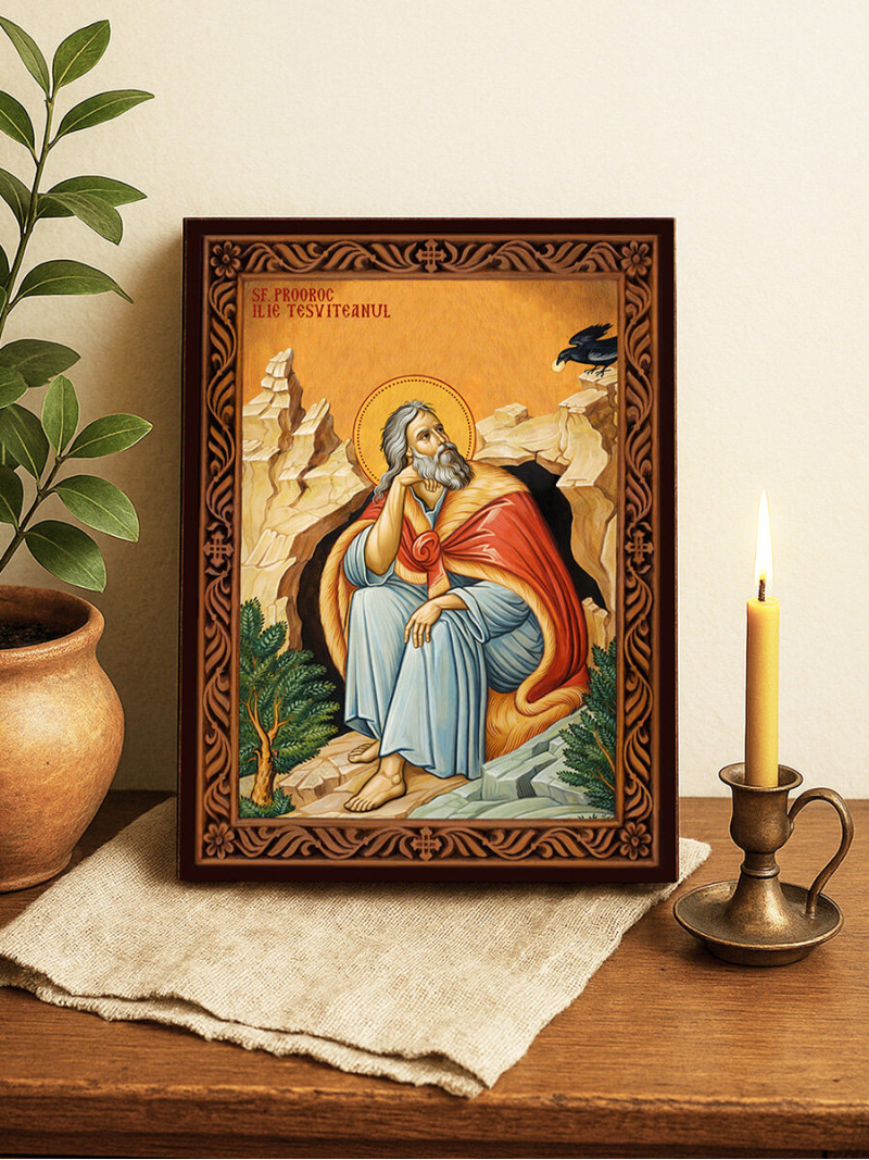 Icoană cu Sfântul Ilie cu ramă decorativă rustică