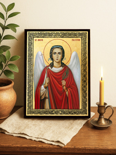 Icoană aurită cu Sfântul Înger Păzitor și ramă decorativă