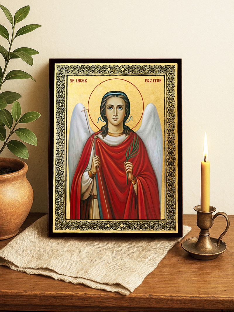 Icoană aurită cu Sfântul Înger Păzitor și ramă decorativă