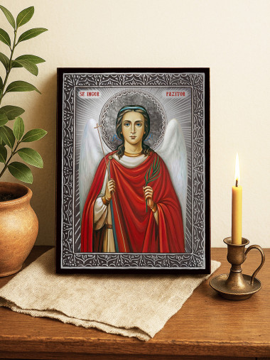 Icoană cu Sfântul Înger Păzitor cu raze argintii decorative