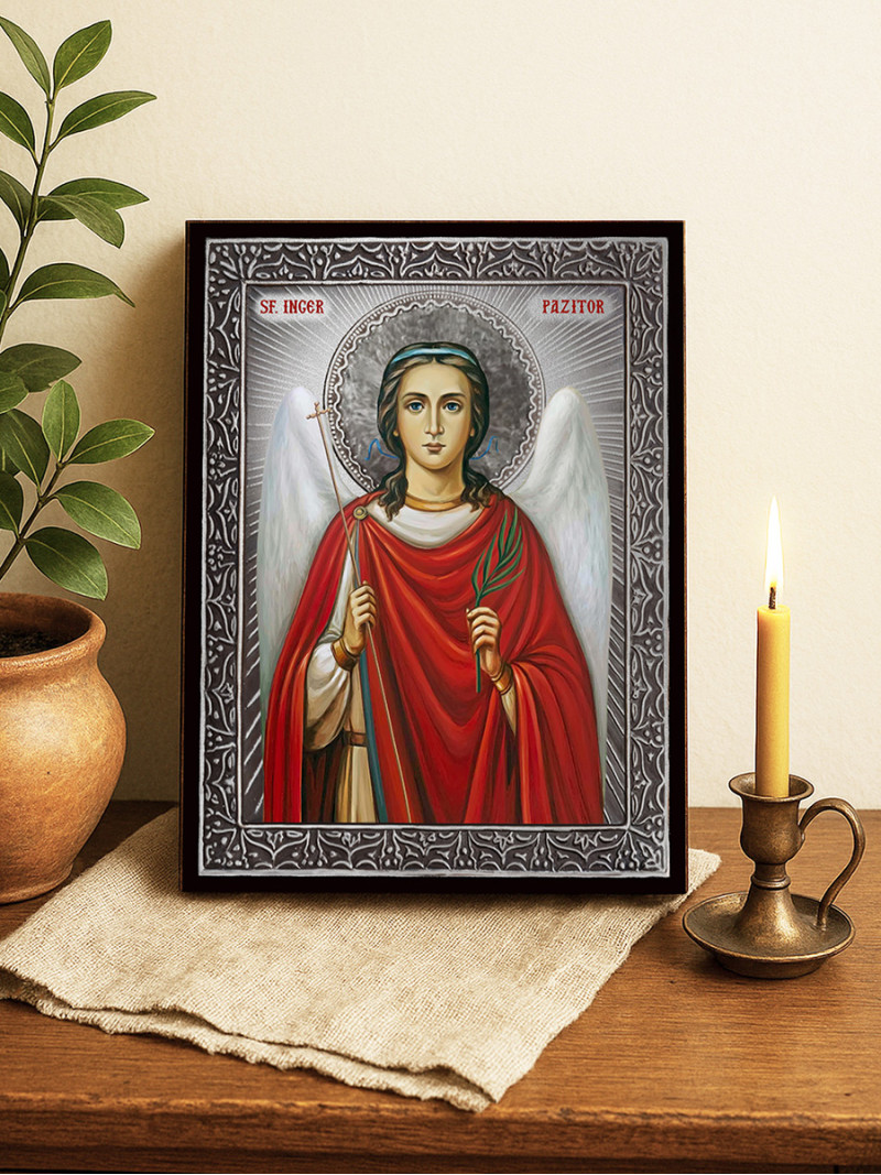 Icoană cu Sfântul Înger Păzitor cu raze argintii decorative
