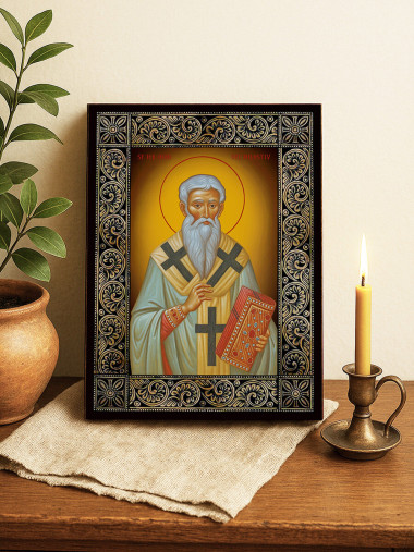Icoană cu Sfântul Ioan cel Milostiv cu ramă florală decorativă