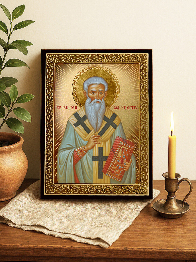 Icoană cu Sfântul Ioan cel Milostiv cu raze aurii decorative