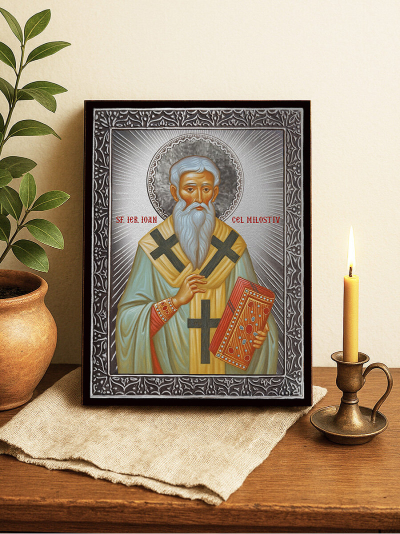 Icoană cu Sfântul Ioan cel Milostiv cu raze argintii decorative