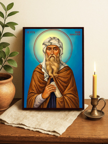 Icoană cu Sfântul Ioan Damaschin cu fundal ceresc